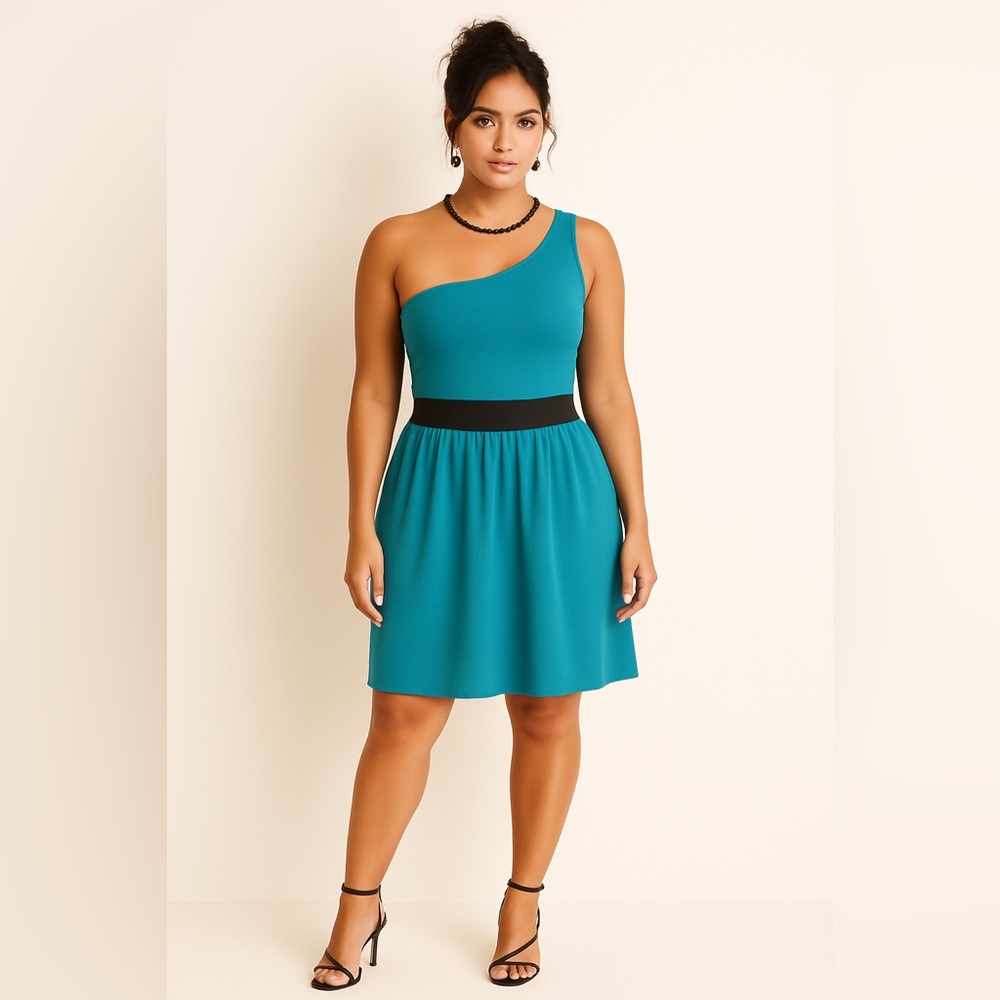 BeBop One Shoulder Blue Fit & Flare Dress Black Waist Accent Size Large